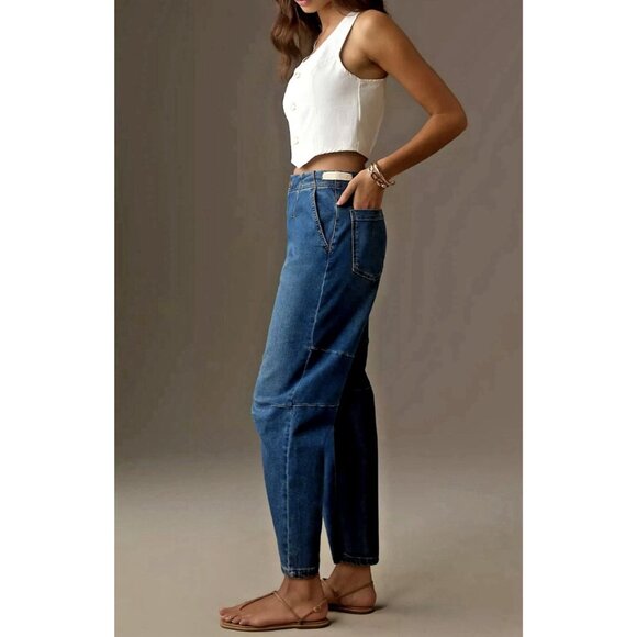 Pilcro Anthropologie Blue Jeans Size 29 Crop Leni Curved Barrel Tapered Stretch - Picture 3 of 16